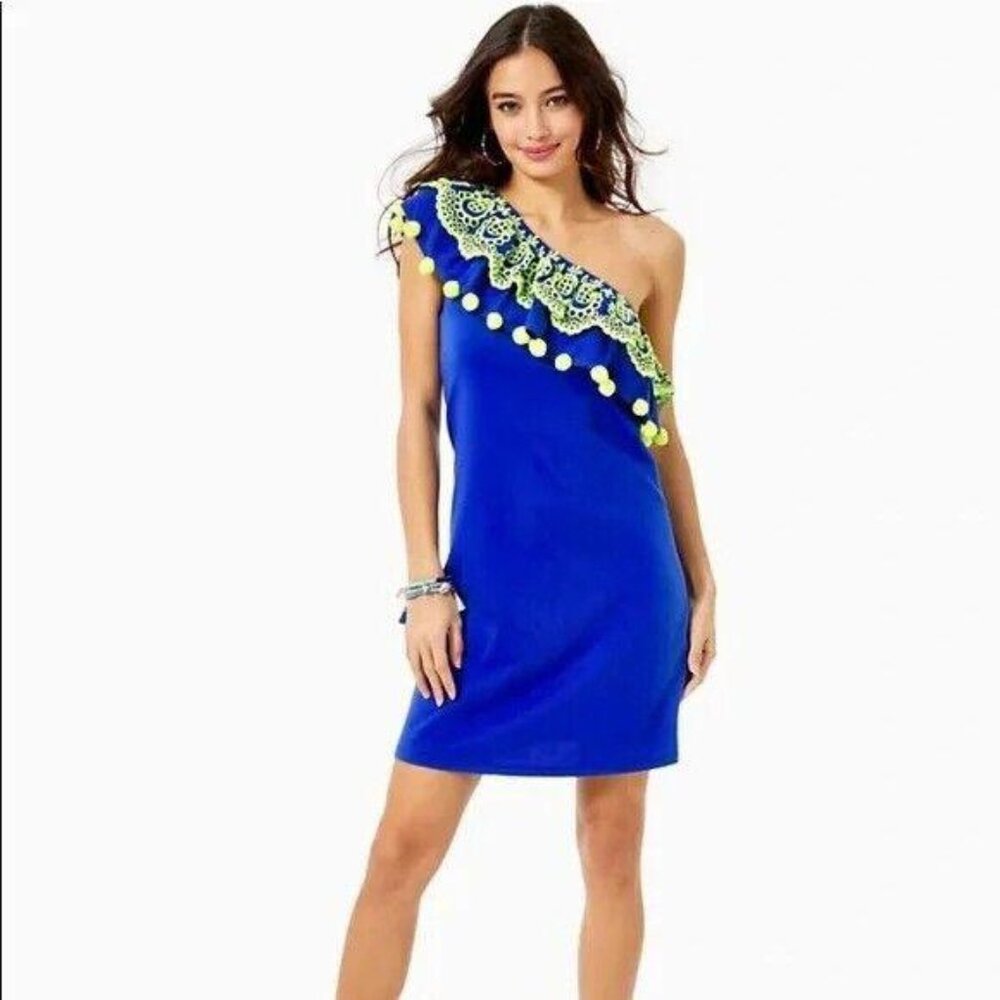 Lilly Pulitzer Idara One-shoulder Dress Corsica Blue Embroidered XS